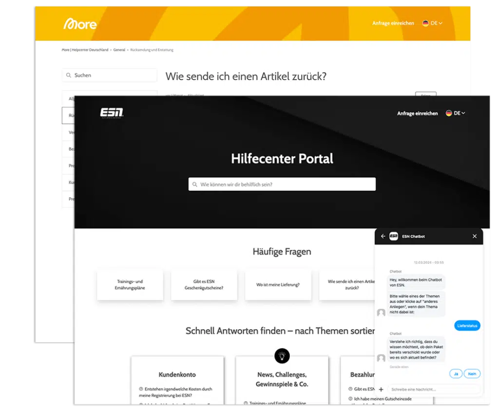 Zendesk Helpcenter Design More Nutrition, ESN. Reduktion der Erstantwort durch Self Service